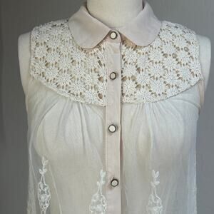 sheer lace blouse peter pan collar embroidered romantic prairie top M monteau